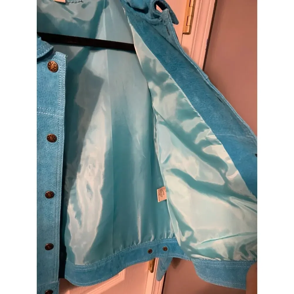 Vintage Rod's Womens Suede Jacket Size XL Turquoise Blue Slim Fit Runs Small